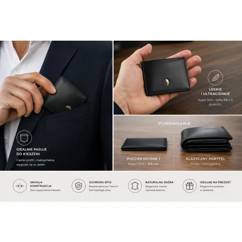 Skórzane etui na karty RFID PUCCINI MU1908-1 Super Slim – cienki portfel ze skóry naturalnej w kieszeni marynarki/PUCCINI MU1908-1 – etui RFID Super Slim ze skóry naturalnej