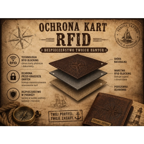 Ochrona RFID w portfelu Verona Tattoo 012M Róża Wiatrów – bezpieczeństwo kart i dokumentów podczas podróży