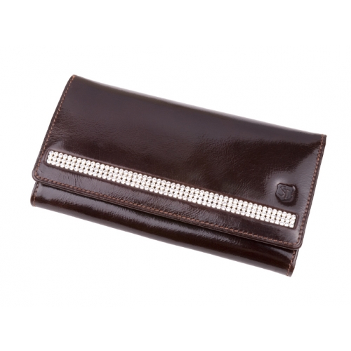 SV 070   skórzany portfel damski z kamieniami swarovski brązowy