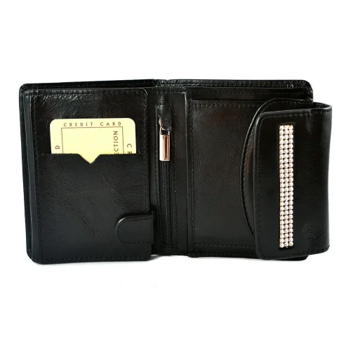 Wnętrze portfela Swarovski SV-050 – miejsca na karty, banknoty i kieszeń na bilon Interior of Swarovski SV-050 wallet – card slots, banknote compartments and coin pocket