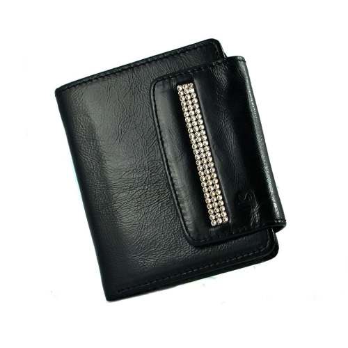 Czarny portfel damski Swarovski SV-050 z lakierowanej skóry naturalnej z kryształami Swarovski® RFID Black women’s paten
