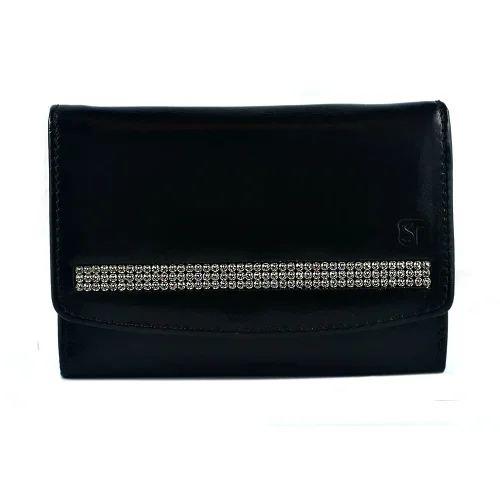 Skórzany portfel damski z kryształami Swarovski® czarny SV-060 widok z przodu, elegancka lakierowana skóra Black women’s