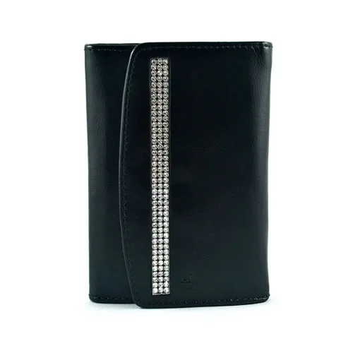 Skórzany portfel damski Swarovski® czarny SV-060 zamknięty minimalistyczny design Black Swarovski® women’s leather wallet SV-060 closed view minimalist design