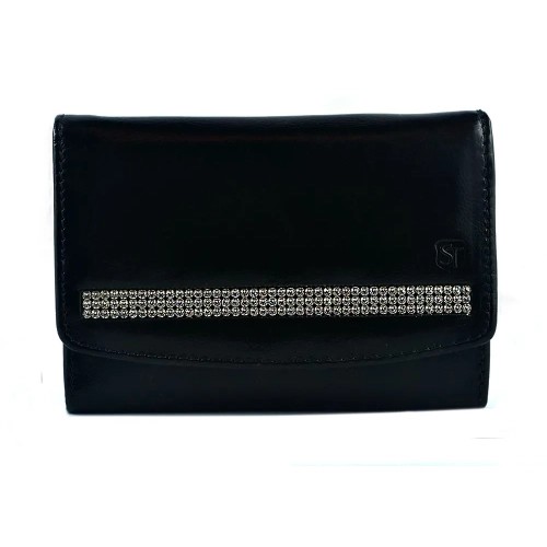 Skórzany portfel damski z kryształami Swarovski® czarny SV-060 widok z przodu, elegancka lakierowana skóra Black women’s
